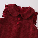 Red textured dress with a ruffled collar on a white background, Obroi