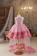 Children Party Dresses Sequins Collar And Sash Flower Tulle Trailing Carnival Costume for Little Girl White Ball Gow