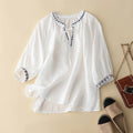 Ladies Casual Cotton And Linen Embroidery Comfortable Loose T-Shirts