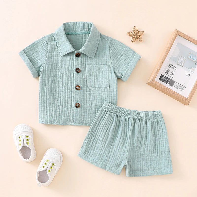 Toddler Infant Baby Boys Summer Clothes Cotton Linen Short Sleeve Button Short Sleeve T-shirts Shorts Soft Casual Outfits