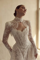 Gorgeous Lace Detachable Jacket Wedding Dress  Cathedral Train Basque waistline Wedding Gowns