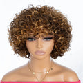 Mannequin head with a brown and blonde curly wig on a white background, Obroi