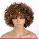 Mannequin head with a brown and blonde curly wig on a white background, Obroi