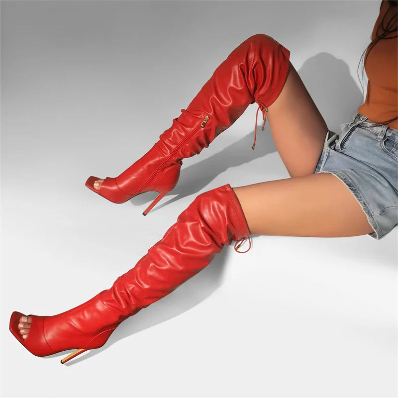 Women Peep Toe Black Matte Over The Knee Boots Concise Stiletto High Heel Zipper Boots