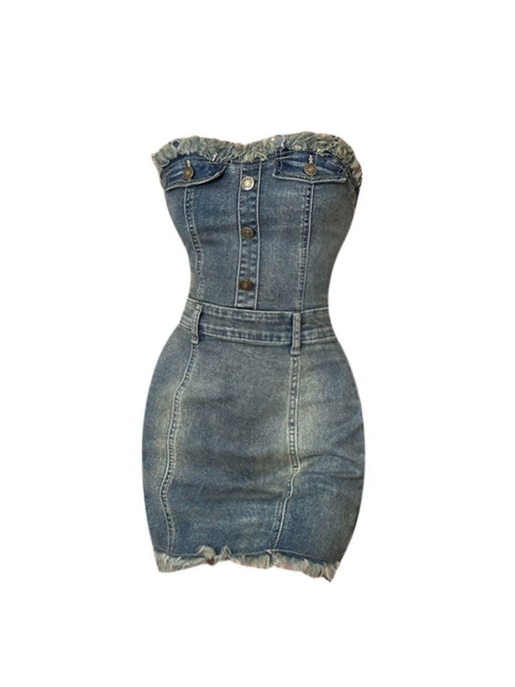 Women's Denim Dress Vintage Sexy Off Shoulder Strapless Bodycon One Piece Midi Dress Frocks Dresses