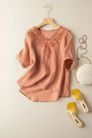 Summer Women Flower Embroidery  Cotton T-shirt Simple Basic Pullover Tops Female