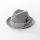 Gray fedora hat with a ribbon on a white background, Obroi