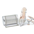 Silver clutch bag and high-heeled shoes on a white background, Obroi