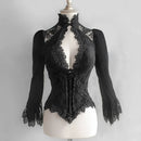Goth Top Women Girls Black Slim Fit Elegant Court Lace See-Through Flare Sleeve Shirt Female Blouse