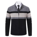 Autumn Winter Striped Cardigan Men Slim Knitted Sweaters Outerwear Mens Stand Collar Zipper Knitting