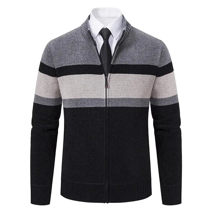 Autumn Winter Striped Cardigan Men Slim Knitted Sweaters Outerwear Mens Stand Collar Zipper Knitting