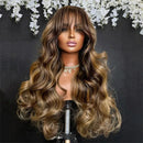 Ombre Brown Glueless Lace Frontal Wig With Bangs Body Wave 13x4 HD Lace Wig Pre Plucked And Blend Closure Wig