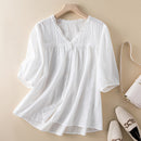 V Neck Elegant Summer Cotton Shirt Ladies Short Sleeve Tops Sweet Loose Lace Women Blouse Casual