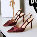 Elegant High Heels  Pleated Bow Satin Women Pumps Stiletto 9cm Ceremony Prom Lady Sandals Champagne