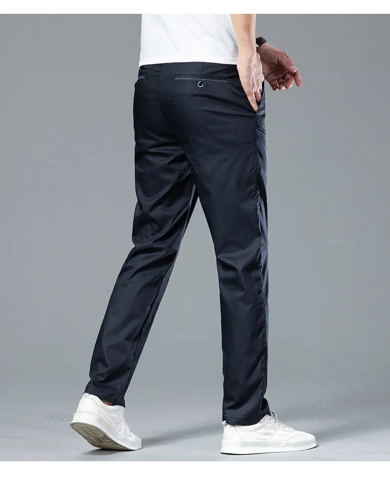 Summer Cosy Soft Bamboo Fibre Straight Suit Pants Men Business Stretch Thin Navy Blue Casual Trousers