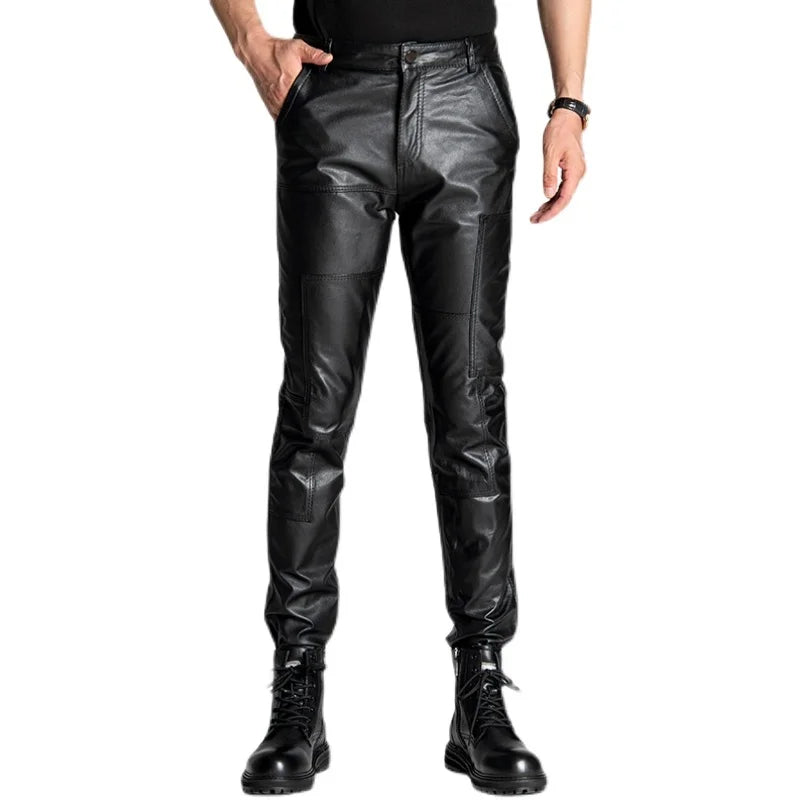 Winter Men's Leather Pants Male Casual Motorcycle Biker Trousers Windproof Warm Pencil Pants