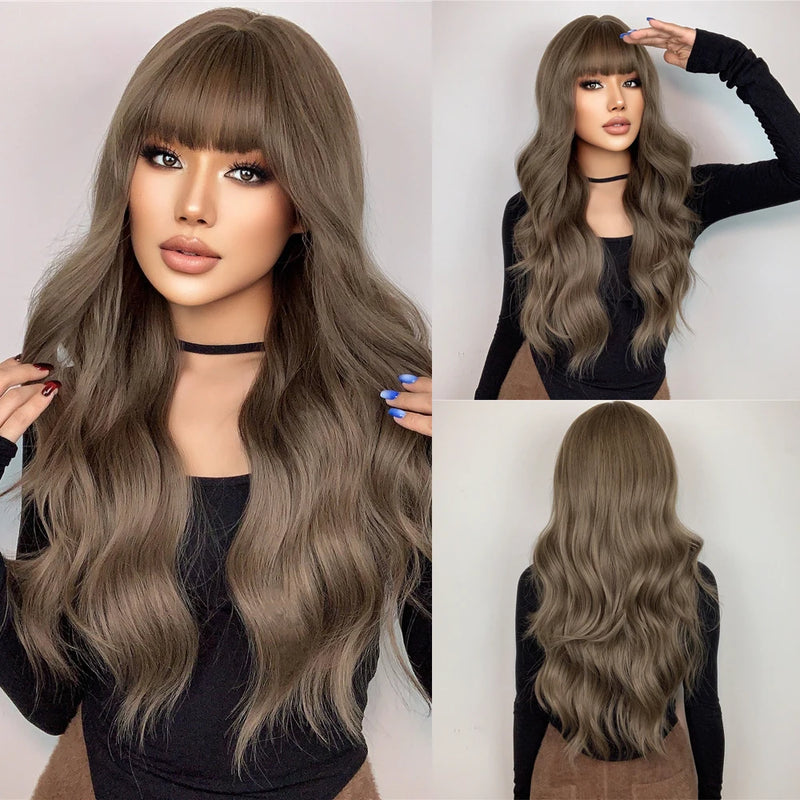 Long Fluffy Wave Blonde Wigs with Bangs Cosplay Natural Ombre Wigs for Women