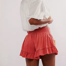 Women Ruffled Hem Shorts Textured Embroidery High Rise Wide Leg Shorts Aesthetic Beachy Skorts with Pockets