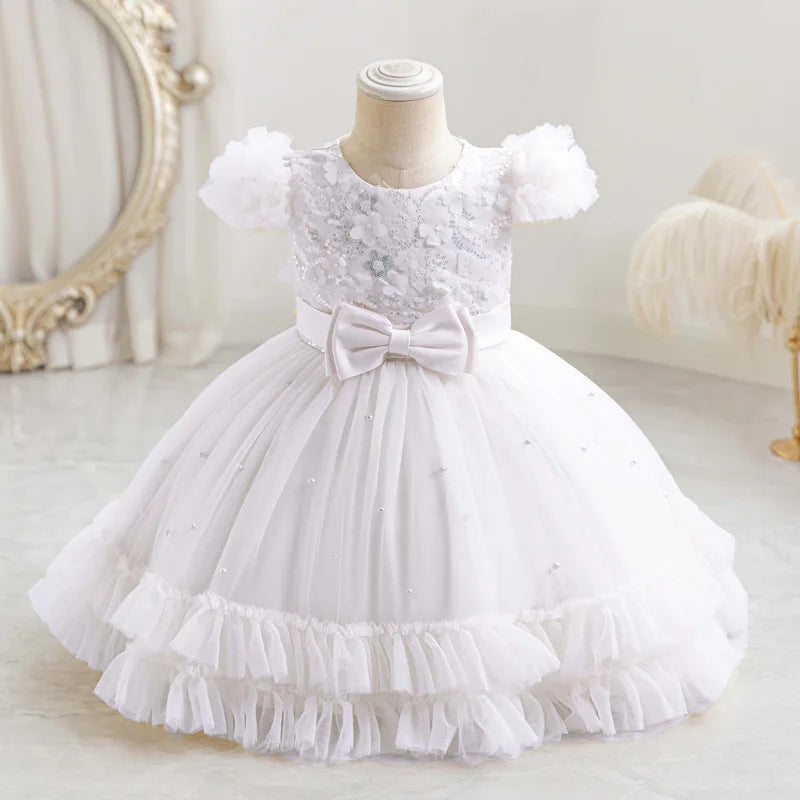 Appliques Baby Birthday Party Dress Beading Sequins Flower Girl Gown for Weddings Princess
