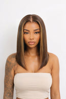 Lace Ombre Brown Left Side Part Straight Bob Wig With Blowout Bangs Drawstring Glueless Wig