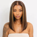 Lace Ombre Brown Left Side Part Straight Bob Wig With Blowout Bangs Drawstring Glueless Wig