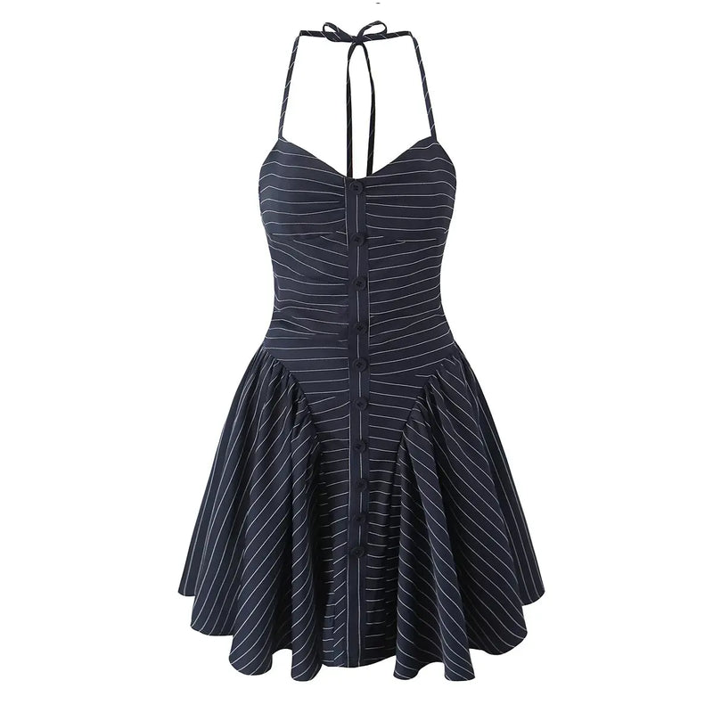 Obroi Navy striped dress with thin straps on a white background