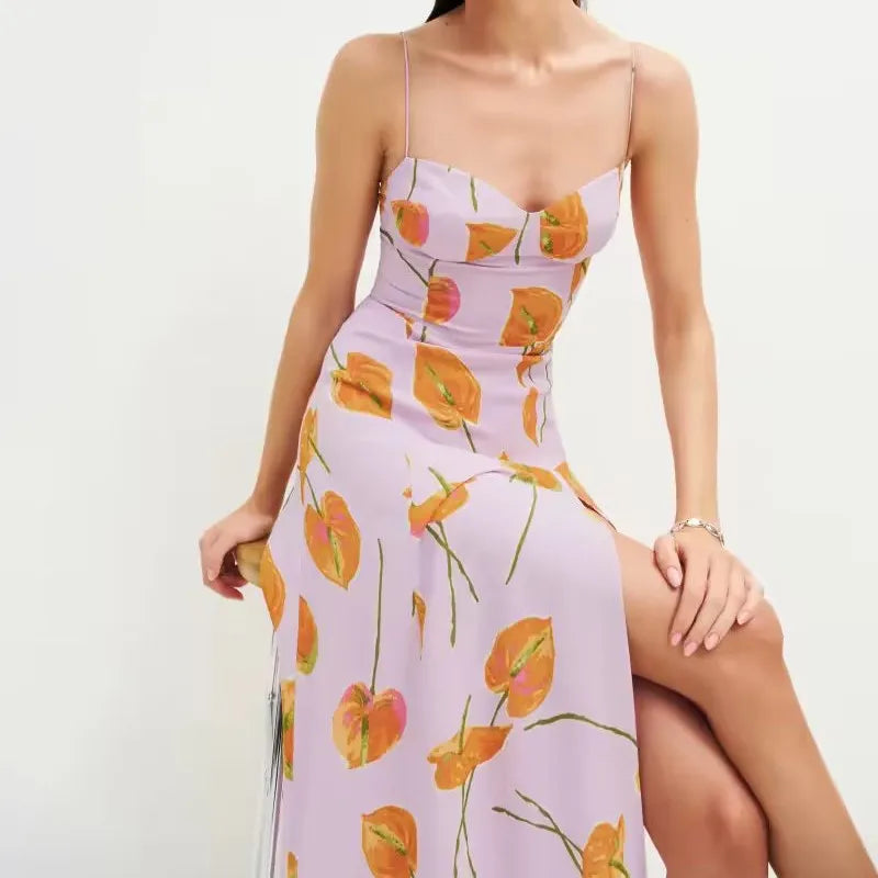 Flower Corset Style Bandage Spaghetti Strap Midi Dress Retro Women Lacing Up Sling Slit Holiday