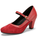 Red high-heeled shoe with a strap on a white background, Obroi