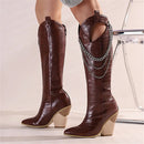 Knee High Boots Women Wedges Western Boots Ladies Chain Pointed Toe Autumn Winter Long Boots