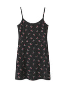 Women Black Cherry Sling Mini Dress Spring Ladies Casual Sleeveless Female Dress