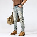 Men Jeans Retro Washed Blue Stretch Slim Ripped Jeans Men Embroidery Patched Denim Pants