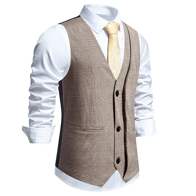 Vintage Suits Vest Waist Coat Men Formal Plaid V-neck Business Mens Vest Jacket