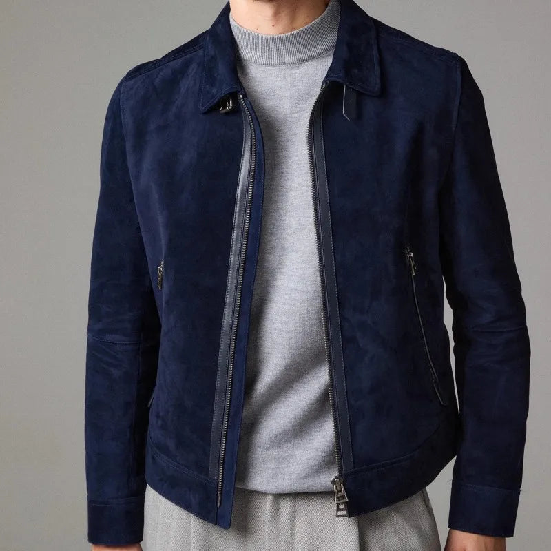 Male Genuine Suede Jackets Slim Fit Zipper Turndown Collar Short Coat Natural Suede Biker Autumn Fashion Luxury