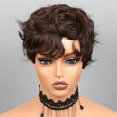 Person wearing a styled wig with 'Obroi' branding on a gray background