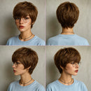 Four-panel collage showing a woman modeling a short layered brown wig from the front, back, and side against a plain light gray studio background, Obroi