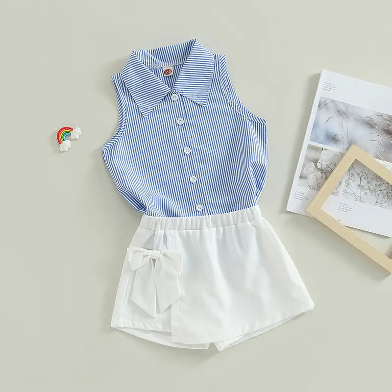 Summer Kids Toddler Girls Outfits Sleeveless Button Down Striped Shirt Bow Shorts Clothes Set