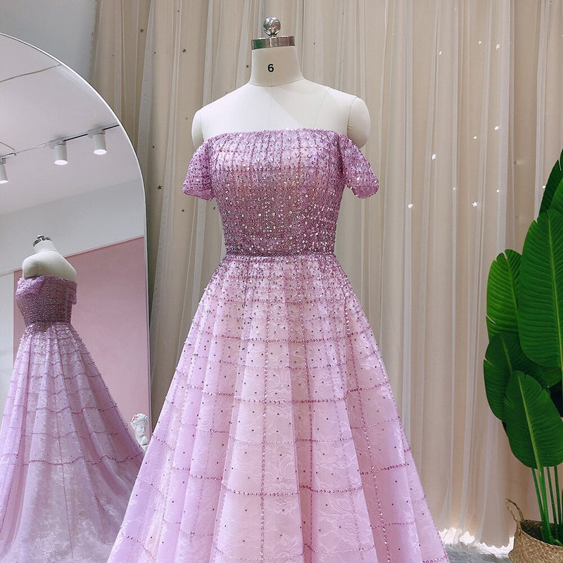 Luxury Dubai Mint Green Evening Dresses Elegant Off Shoulder Lilac Arabic Formal Dress for Women Wedding Party