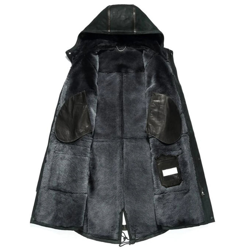 Mens Long Coat Men Shearling Coat Men Leather Parkas Olive Green Shearling Jacket For Men