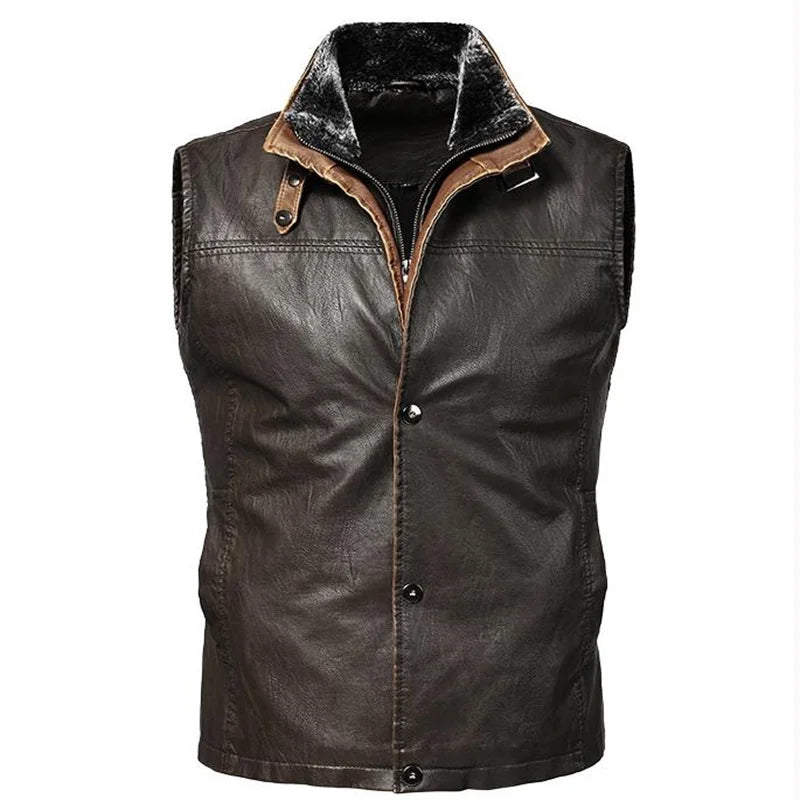 Men's Leather Vests Casual Retro Jacket Autumn Winter Outerwear Thick Male Coat