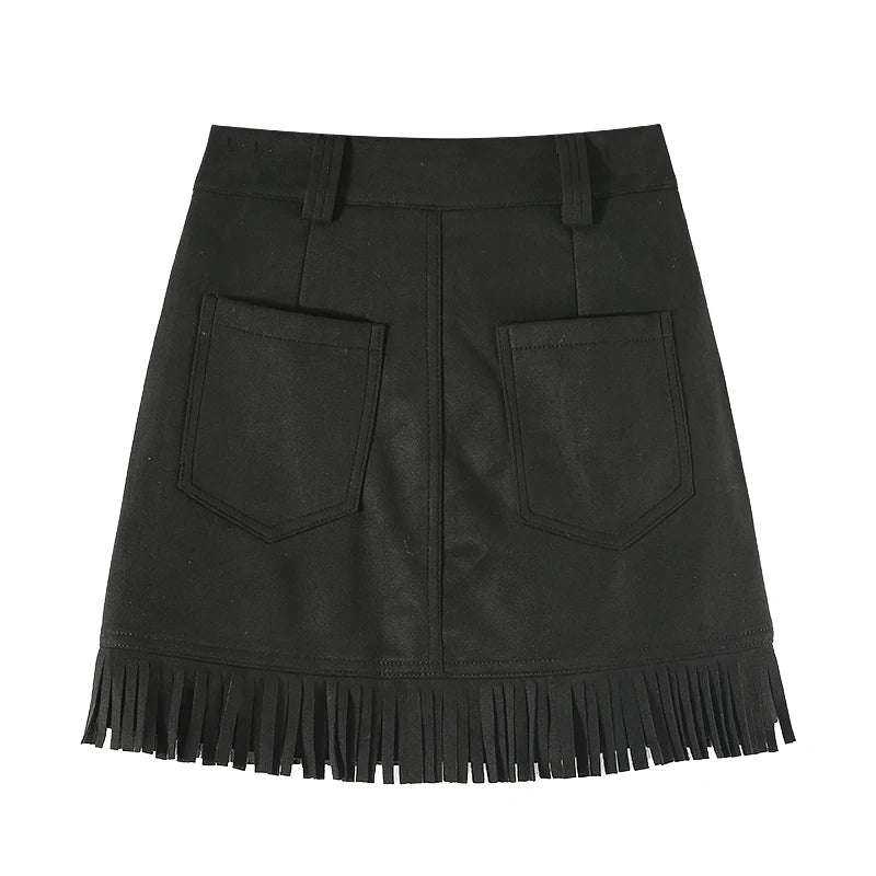 Women Aesthetic Mini Suede Skirt Tassels High Waist Coquette Chic