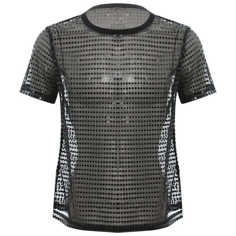 Men Mesh Hippie T-shirt Top Short Sleeve Blouse See Through Sheer Classic Tee Top