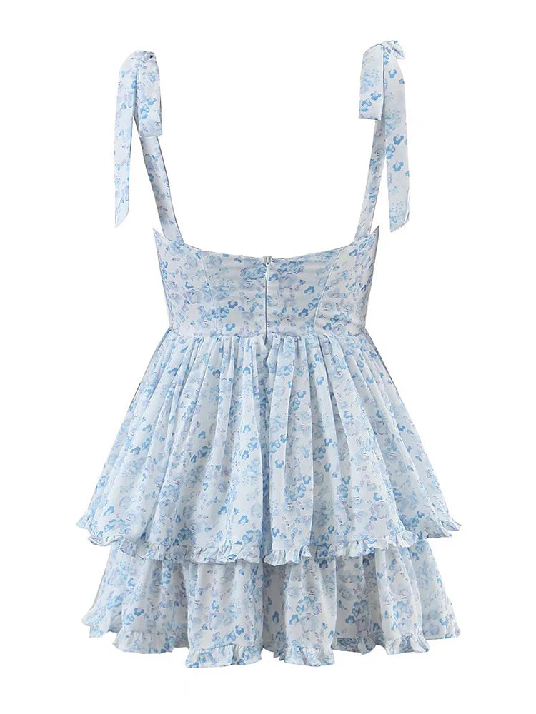 Women Ruffle Dress Ladies Floral Holiday Party Mini Dress Summer