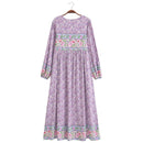 Lavender Small Flower Bow Lacing up Neck Long Straight Dress Women Viscose Cotton Full Sleeve Maxi Holiday