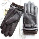 Men's Real Leather Skin Winter Warm Lining Button Wrist Driving Riding Touch Screen Gloves