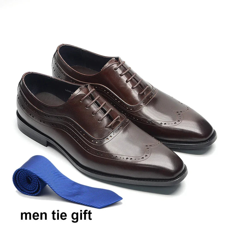 Classic Luxury Mens Dress Shoes Cowhide Genuine Leather Black Brown Lace-up Wingtip Brogue Business Office Formal Shoes for Men