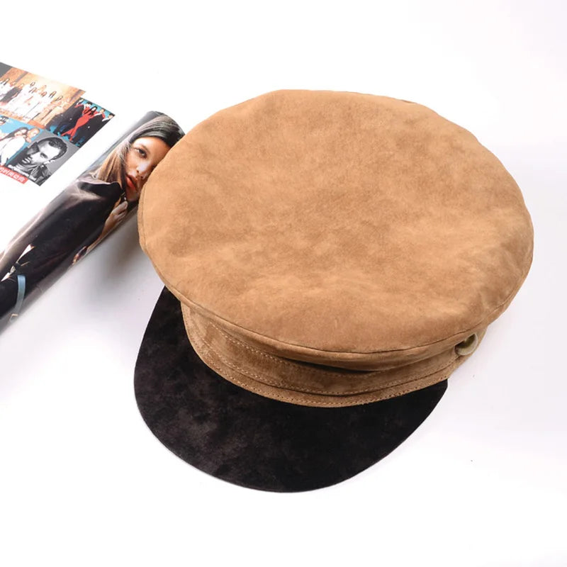 Winter Leather Hats Patent Leather Panelled Flat Student Caps Newsboy Beret