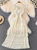 Women Elegant Long Dress Summer Ruffle Pleated Beach Dresses Ladies Slim Layer Dress