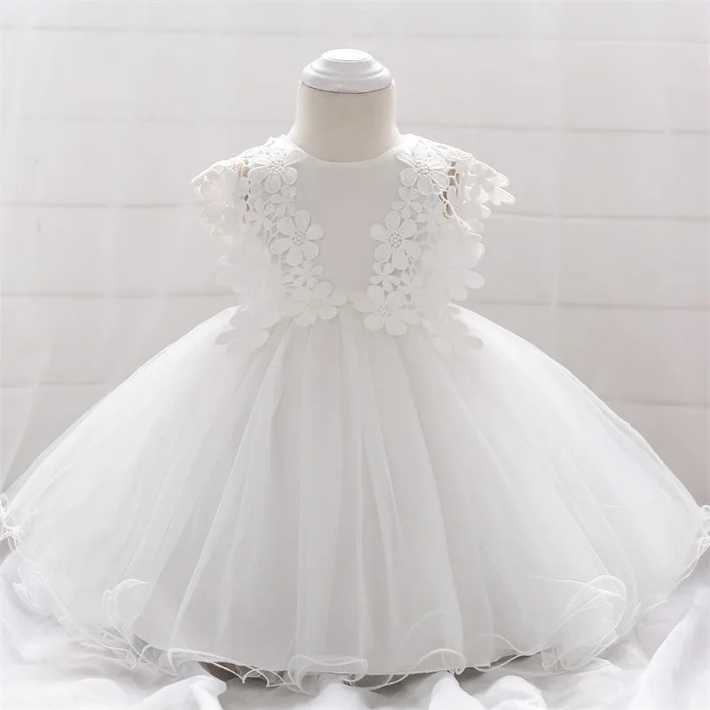 Baby Pink Flower Baptism Girls Party Dress Elegant Birthday Tulle Wedding Princess Dress for Girl Pageant Evening