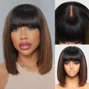 Straight Bob Human Hair Wig With Bangs Middle Part 4x2 Lace