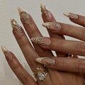 24pcs Glitter Diamond Pearl Press on Nails Gold French Acrylic Nail Silver Nails Gold Sun Nail Almond Nail